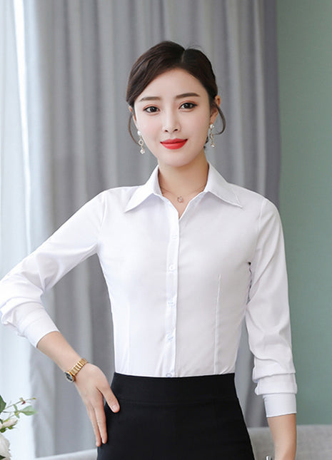 Chic Women's Korean Style Long-Sleeve Polyester Slim-Fit Button-Down Plus Size Blouse
