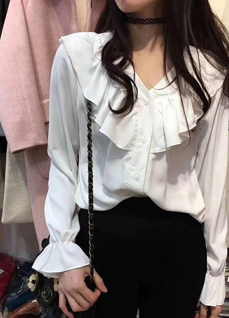 Elegant Chiffon V-Neck Ruffle Long Sleeve Blouse - Versatile Western Style Autumn Top