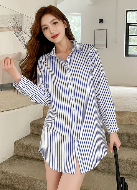 Korean Style Striped Asymmetric Long Sleeve Loose Fit Women's Shirt Jacket