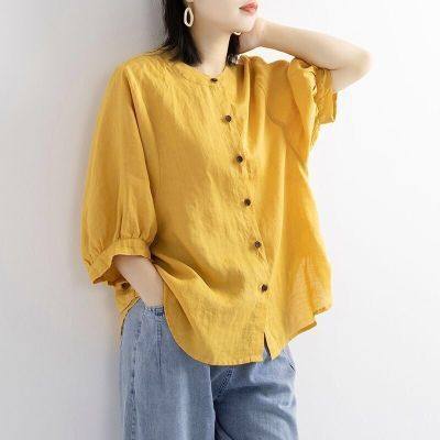 Boho Chic Cotton Linen Lantern Sleeve Blouse - Loose Fit Plus Size Summer Shirt
