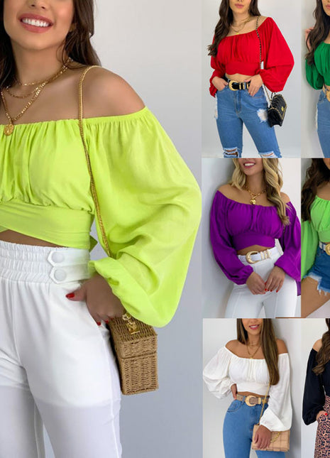 Chic Women's Puff Sleeve Off Shoulder Crop Top Blouse Tie-Front