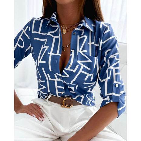 Elegant Shiffon V-Neck Long-Sleeve Blouse - Loose Fit European Style Summer Top