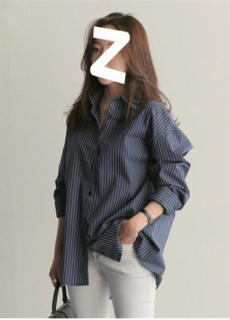 Stylish Blue Striped Loose Fit Long Sleeve Button-Down Shirt for Women