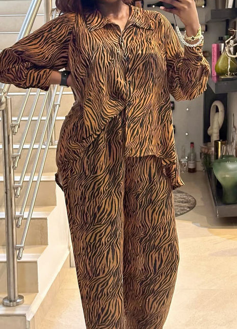 Chic Zebra Print Women's Long-Sleeve Shirt & Wide Leg Trousers Set