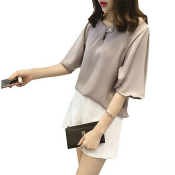 Chic Plus Size Korean Style Chiffon Blouse - Loose Fit Short Sleeve Top
