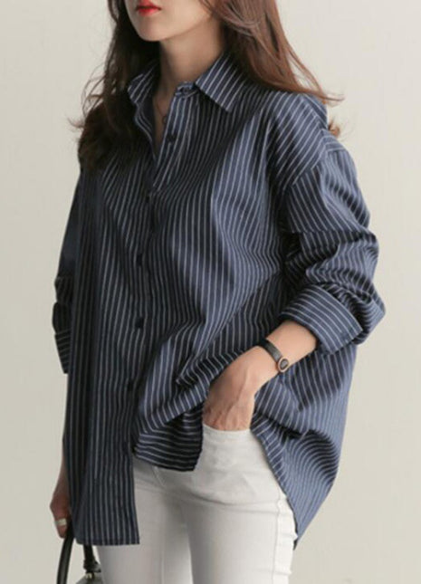 Stylish Blue Striped Loose Fit Long Sleeve Button-Down Shirt for Women