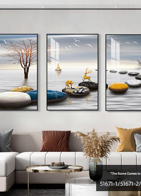 Modern minimalist living room decorative painting , canvas painting with border  With Frame SET OF 3 GOOD FORTUNE COMES FROM STONES