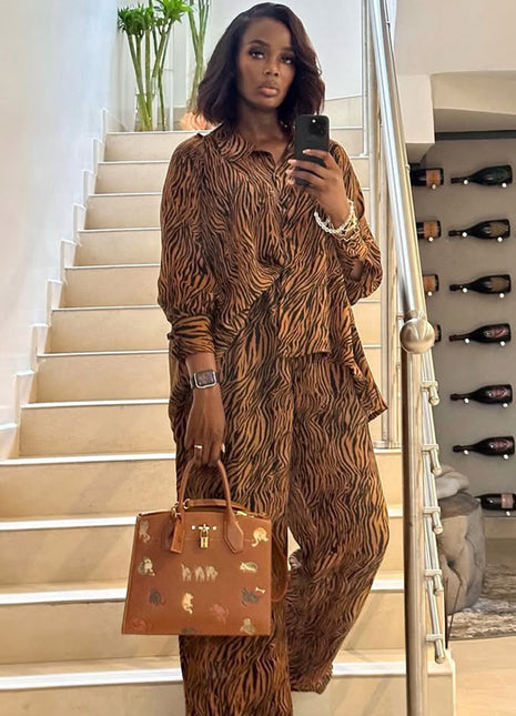 Chic Zebra Print Women's Long-Sleeve Shirt & Wide Leg Trousers Set