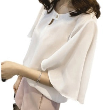 Chic Plus Size Korean Style Chiffon Blouse - Loose Fit Short Sleeve Top