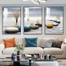 Modern minimalist living room decorative painting , canvas painting with border  With Frame SET OF 3 GOOD FORTUNE COMES FROM STONES